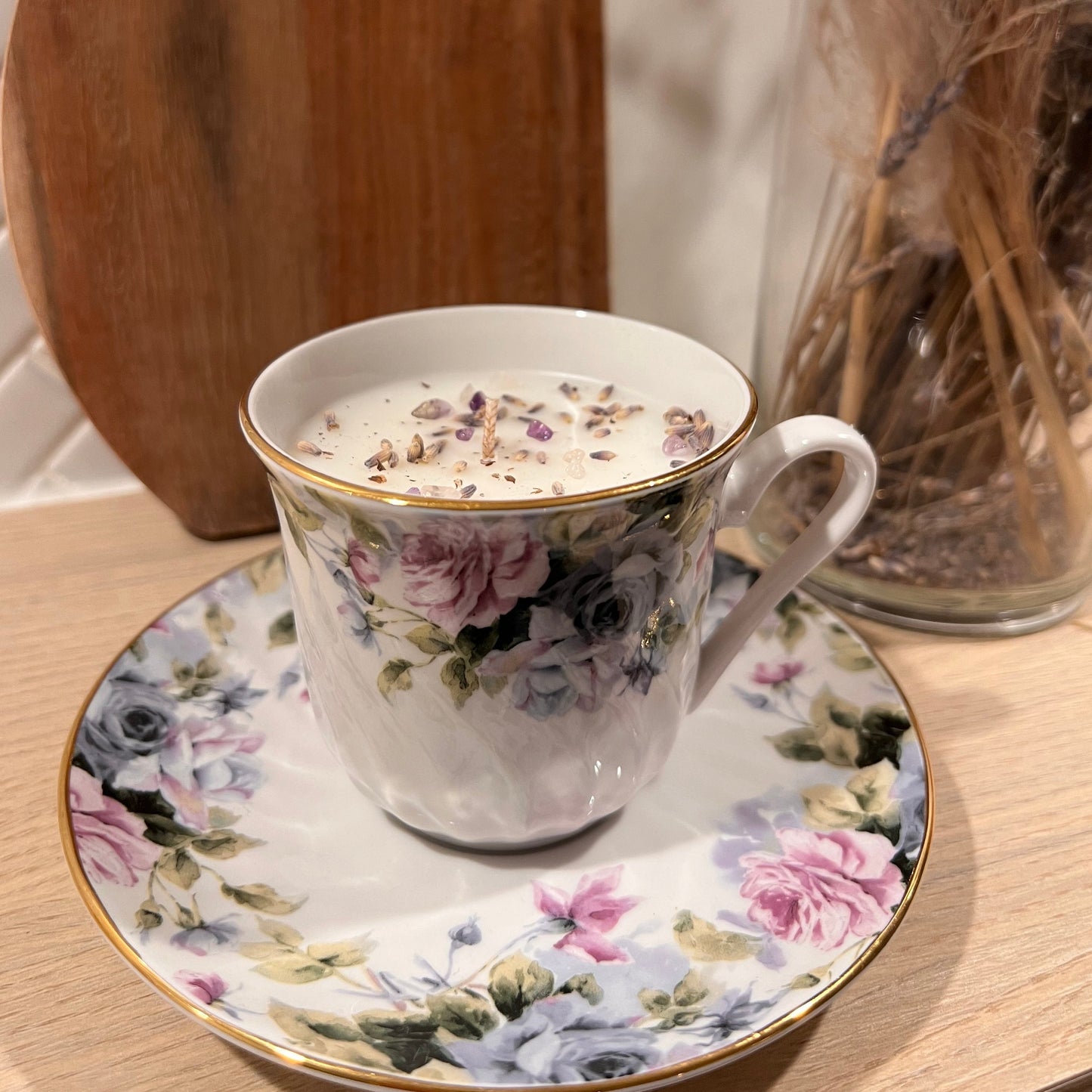 Vintage Tea Cup Candle with Floral Topper