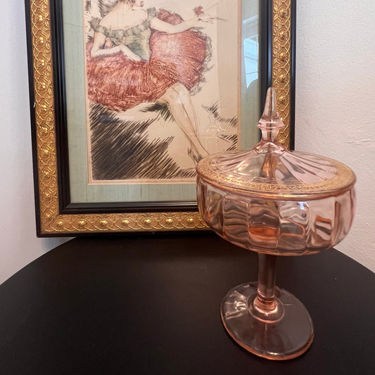 Vintage Pink Candy Dish with Brass Rim & Lid Candle