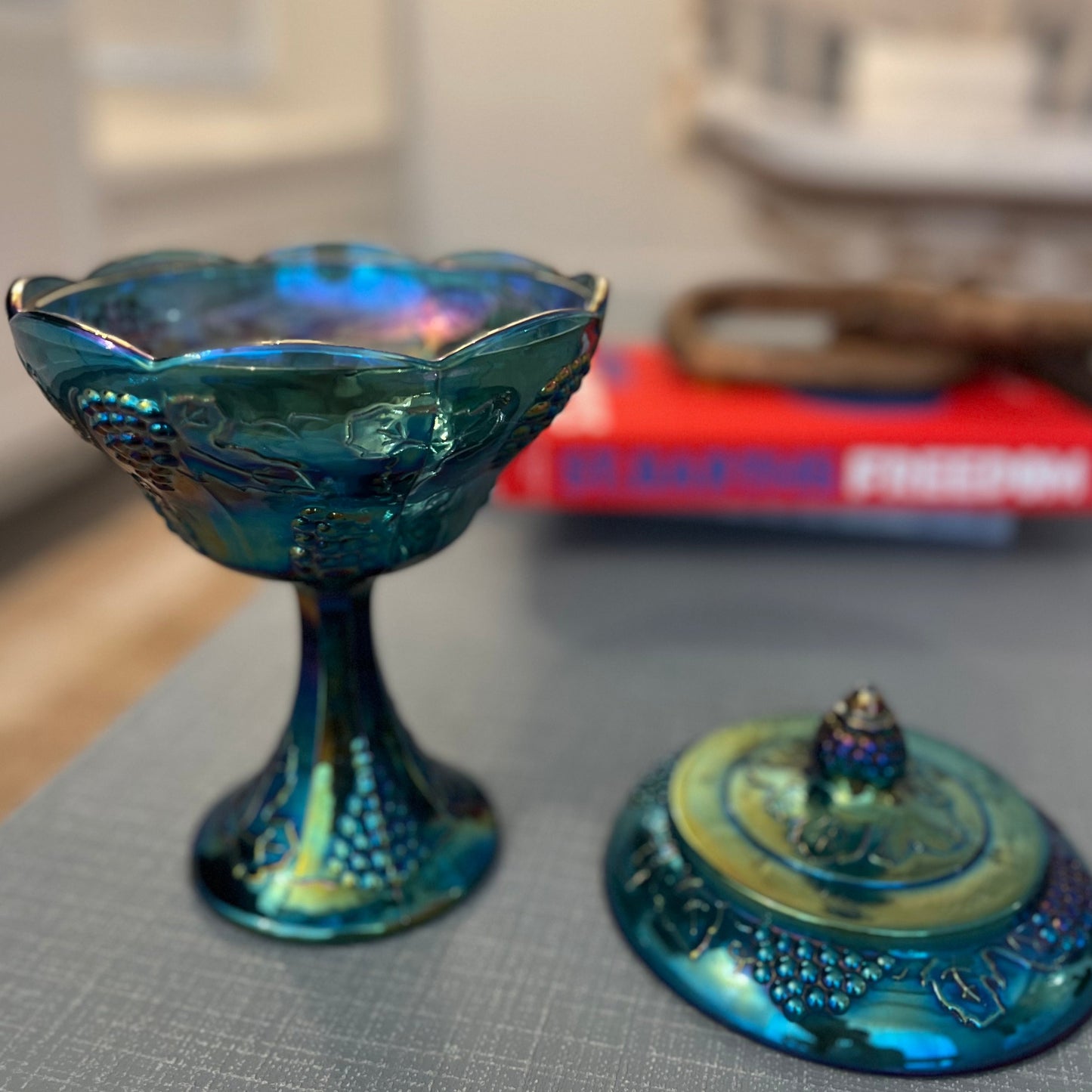 Vintage Blue Carnival Glass Candy Dish With Lid Harvest Grape Indiana Glass Candle